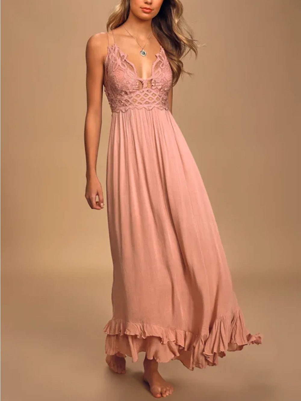 Free People Adella Maxi Slip Rose Pink Lace Dress Size M